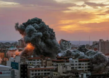 Israeli warplanes target a tower in Gaza City after the Hamas attack. Picture: Mohammed Saber/EPA via The Conversation