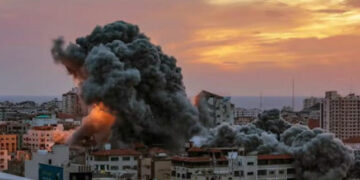 Israeli warplanes target a tower in Gaza City after the Hamas attack. Picture: Mohammed Saber/EPA via The Conversation
