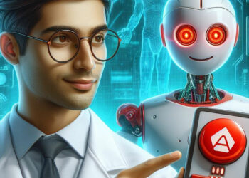 Copilot - A realistic illustration of a scientist holding a big red button labeled 'AI kill switch' while a friendly robot is waving at him, with futuristic gadgets and holograms in the background - TechNewsToday.co.za