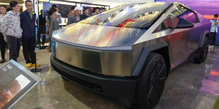 Citizens are visiting the Tesla Cybertruck in Changzhou, Jiangsu Province, China, on April 4, 2024.